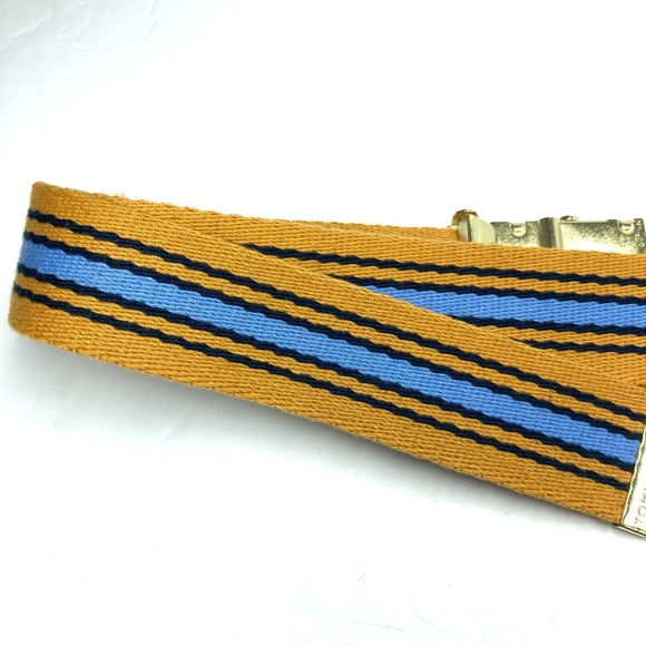 Tommy Hilfiger Canvas Ratchet Gold Buckle Belt yellow Blue Striped Ajustable - Picture 14 of 16
